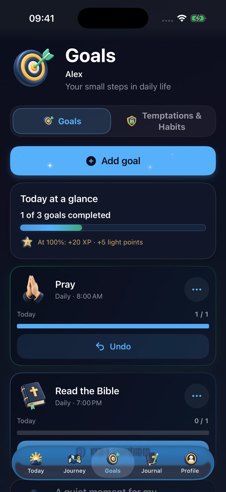 Lumefide Goals with three personal goals, completed prayer, and remaining daily steps
