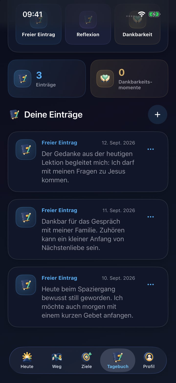 Aktueller Lumefide-Tagebuch-Tab mit drei Beispieleinträgen zu Lektionen, Dankbarkeit und Gebet