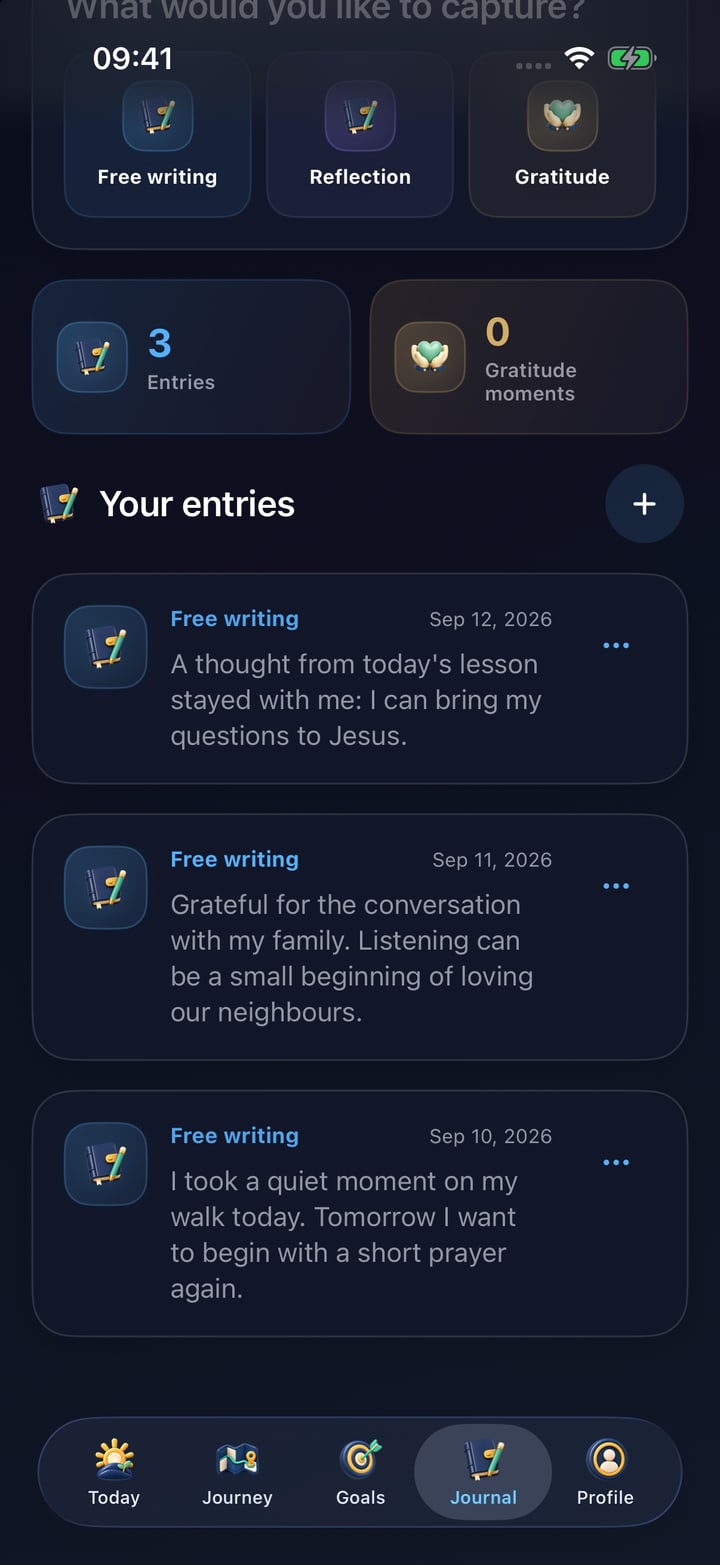 Current Lumefide Journal tab with three example entries about lessons, gratitude and prayer