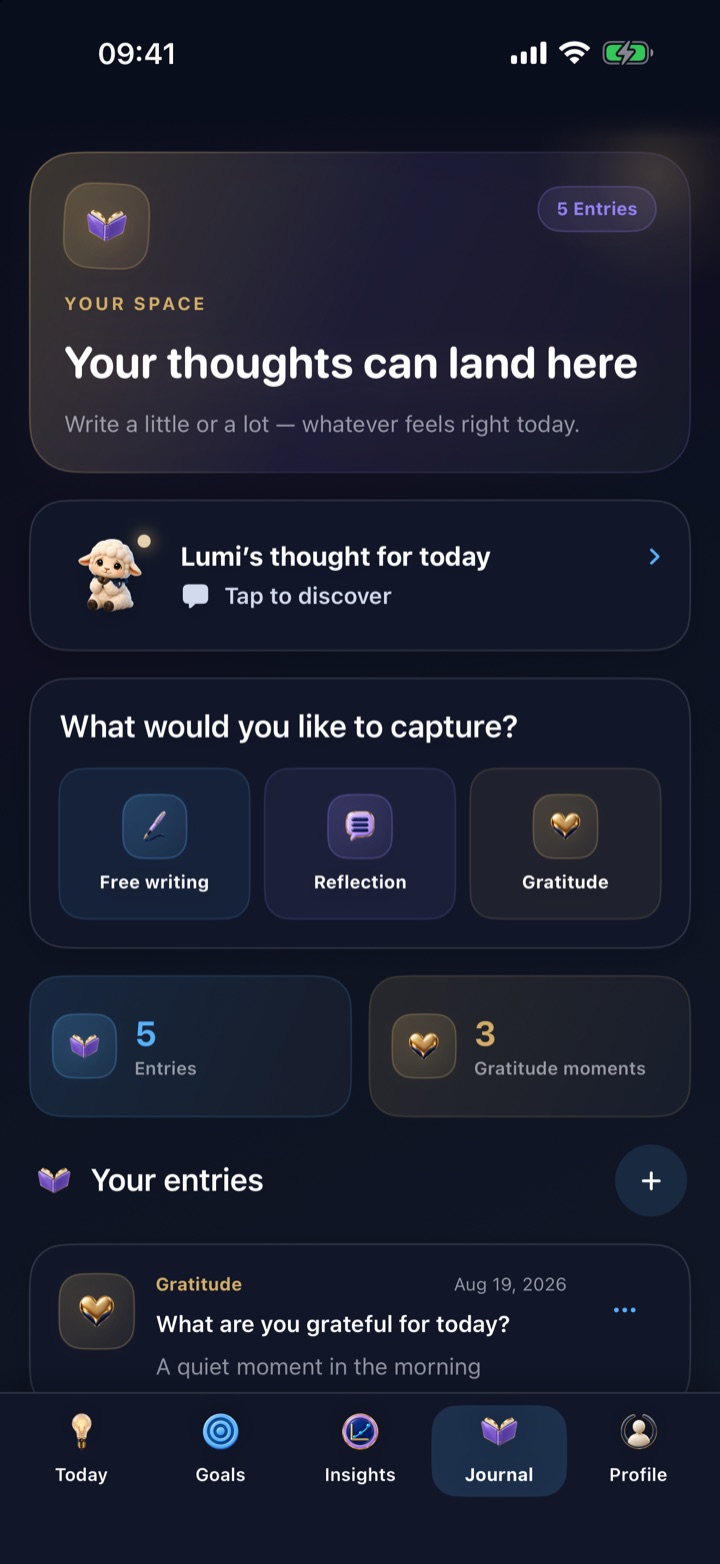 Lumefide Journal screen with free writing, reflection, and gratitude options