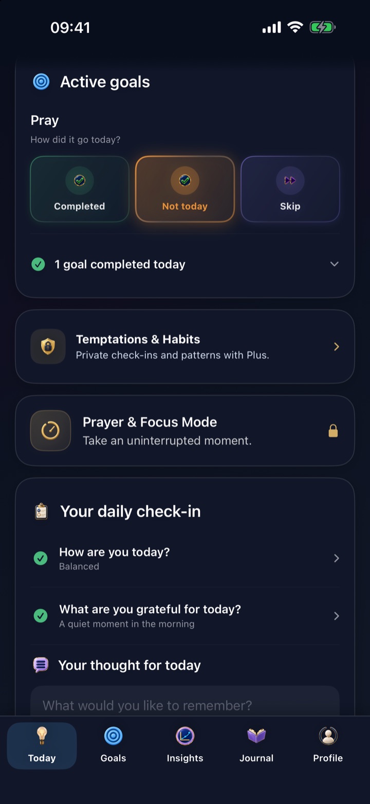 Lumefide Today screen with personal goals, prayer and focus mode, and a daily check-in