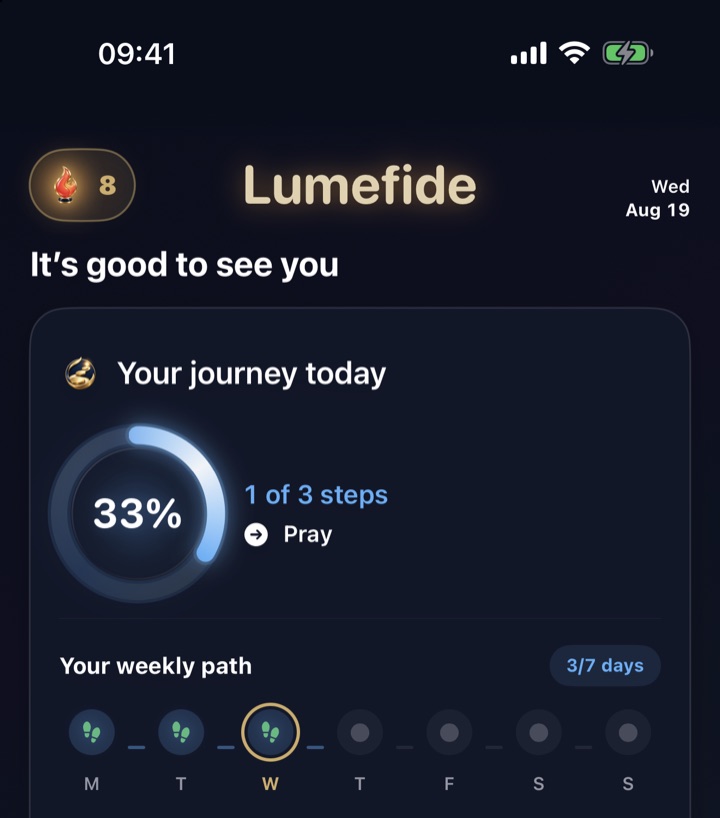 Lumefide daily journey progress with three intentional steps and a weekly path