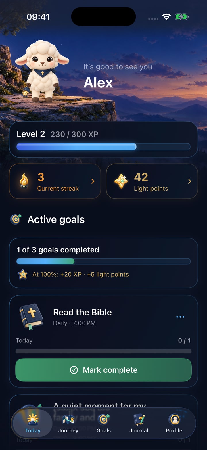 Alex’s Today screen with Lumi, a learning streak, light points, and active goals