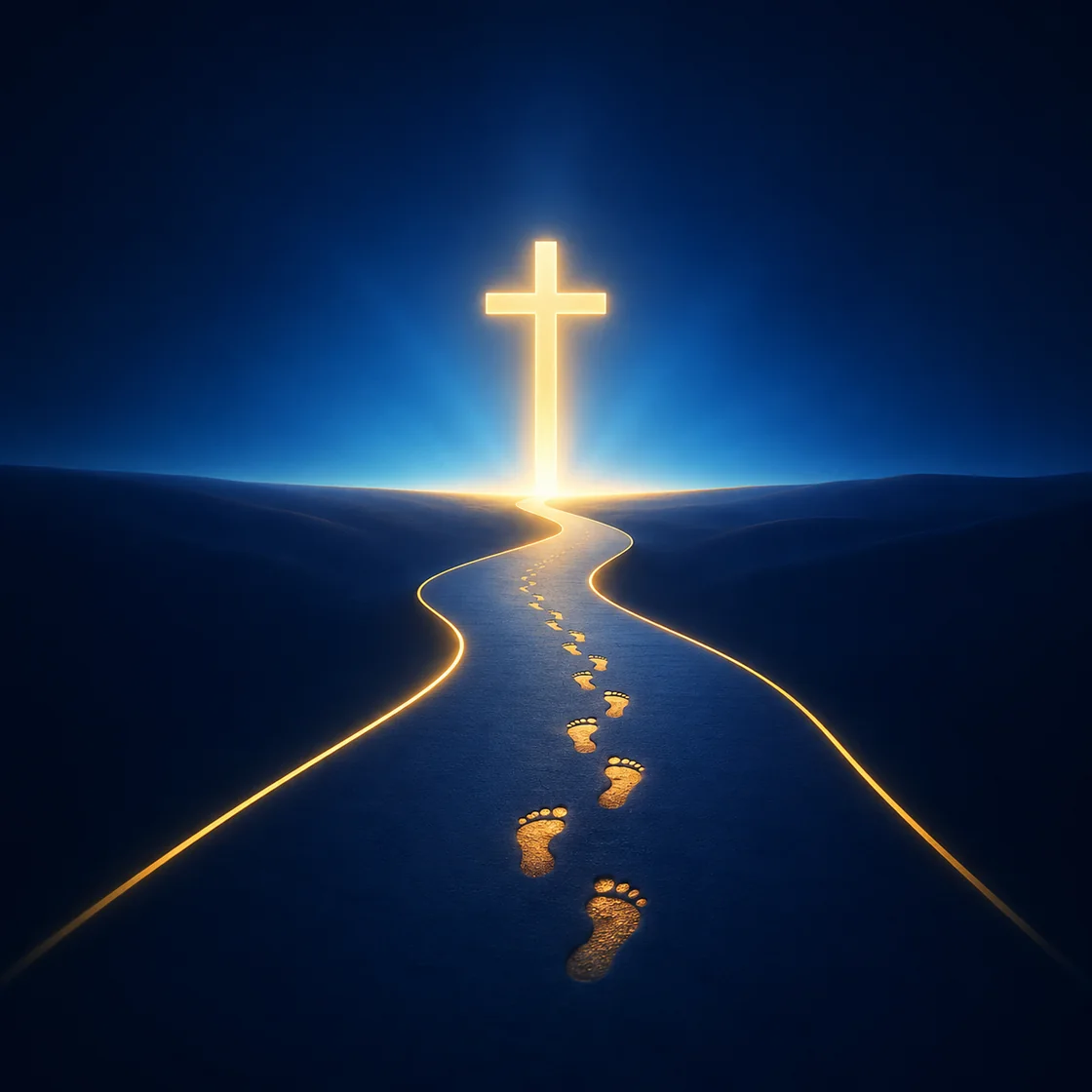 Goldene Fußspuren auf einem sanft beleuchteten Weg zu einem Kreuz
